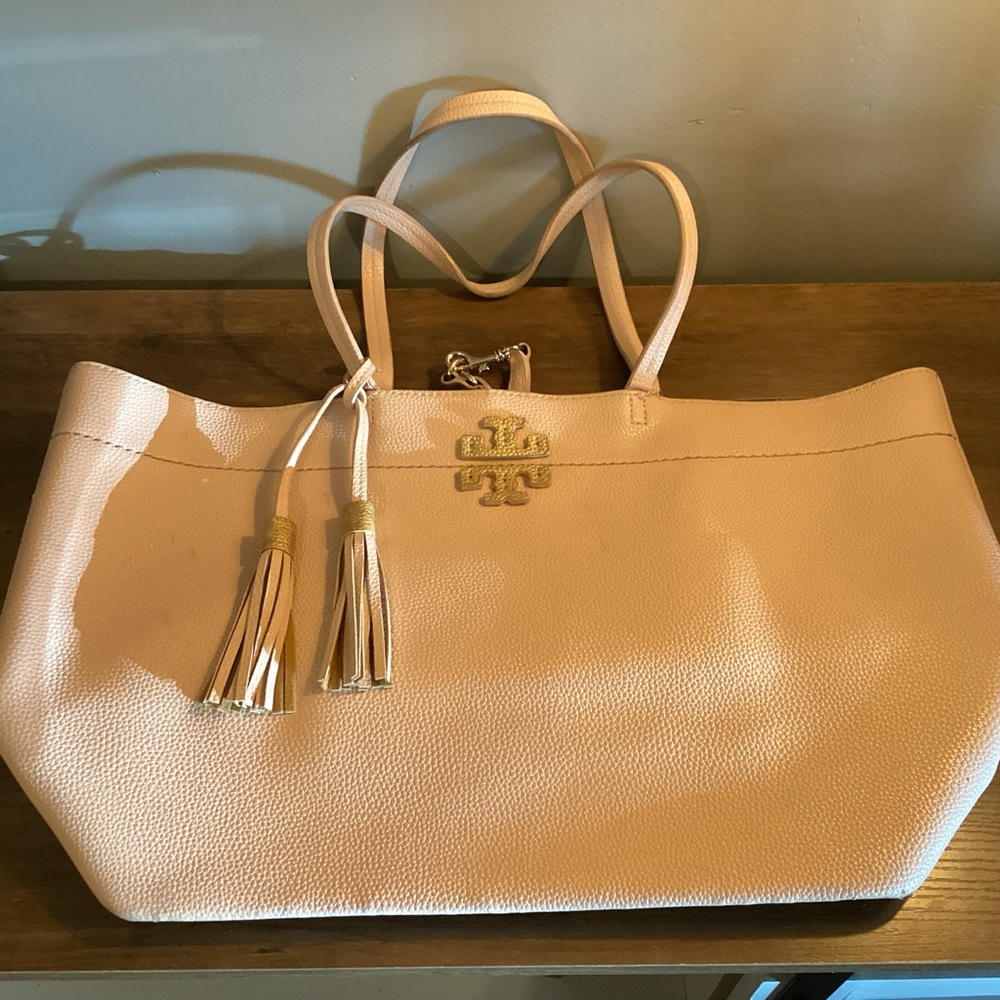 Tory Burch Light Blush Pebbled Leather Tassel Tote